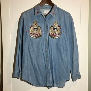 Christopher & Banks Womens L Denim Button Embroidered Bears Heart Whimsy Cottage